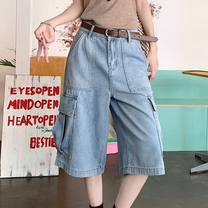 Mid Waist Washed Cargo Jorts