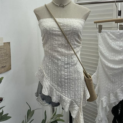 Asymmetrical Ruffle Lace Tube Top