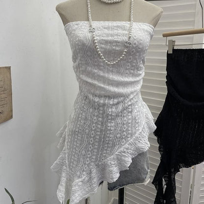 Asymmetrical Ruffle Lace Tube Top