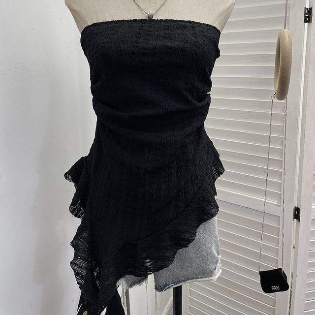 Asymmetrical Ruffle Lace Tube Top