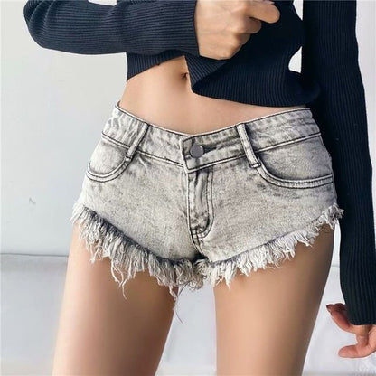 Low Rise Washed Fringe Denim Shorts