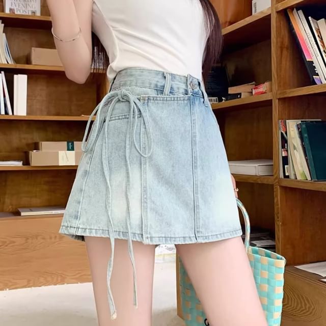 High Waist Washed Tie-Up Mini Denim Skort