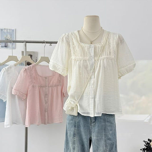 Square Neck Lace Trim Button Blouse