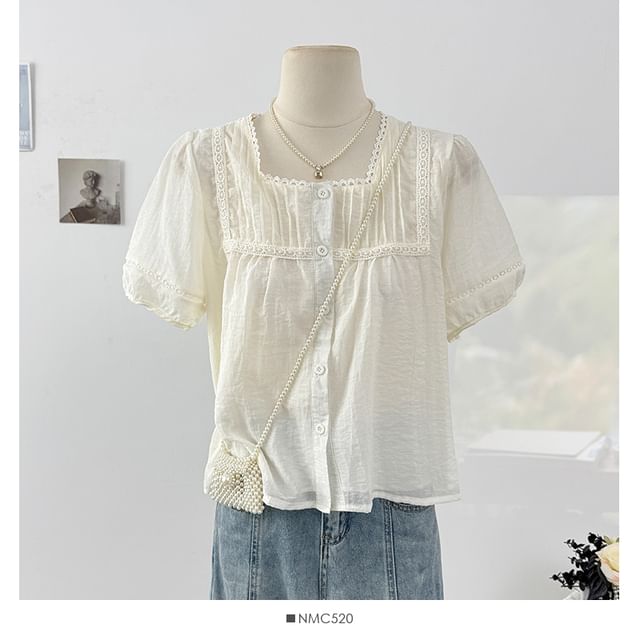 Square Neck Lace Trim Button Blouse