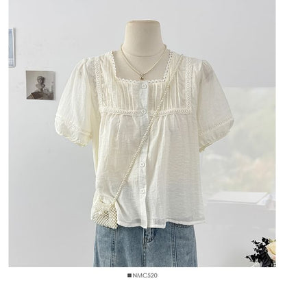 Square Neck Lace Trim Button Blouse