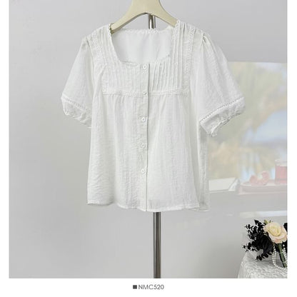 Square Neck Lace Trim Button Blouse