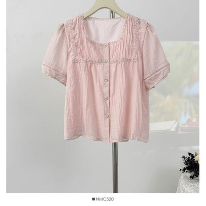 Square Neck Lace Trim Button Blouse