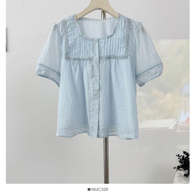 Square Neck Lace Trim Button Blouse