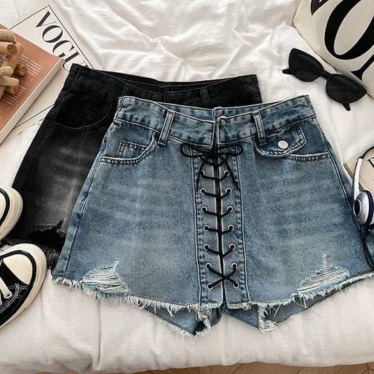 High Waist Washed Frayed Distressed Lace-Up Denim Mini A-Line Skort