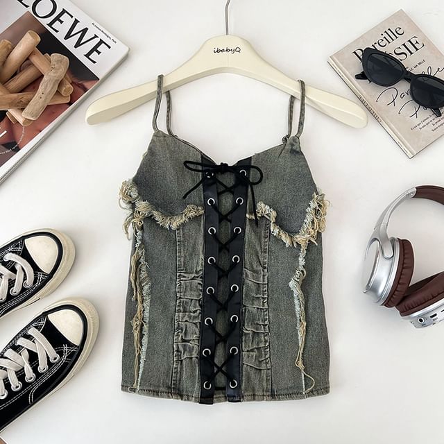 V-Neck Ruched Frayed Lace-Up Denim Crop Cami Top