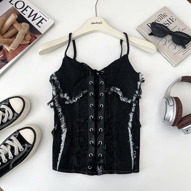 V-Neck Ruched Frayed Lace-Up Denim Crop Cami Top