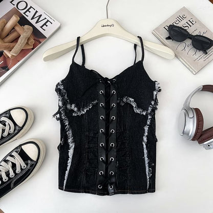 V-Neck Ruched Frayed Lace-Up Denim Crop Cami Top