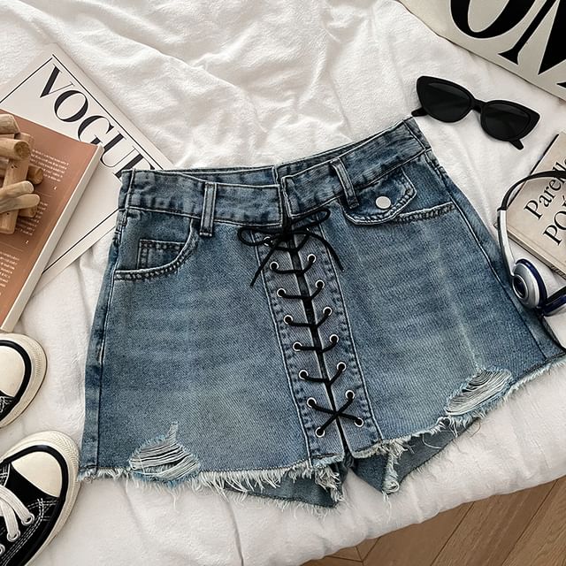 High Waist Washed Frayed Distressed Lace-Up Denim Mini A-Line Skort