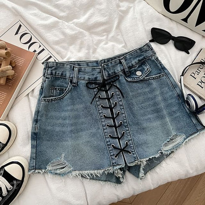 High Waist Washed Frayed Distressed Lace-Up Denim Mini A-Line Skort