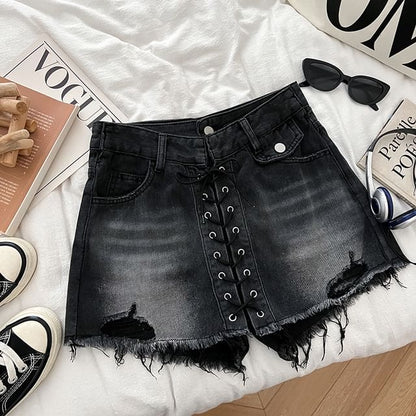 High Waist Washed Frayed Distressed Lace-Up Denim Mini A-Line Skort