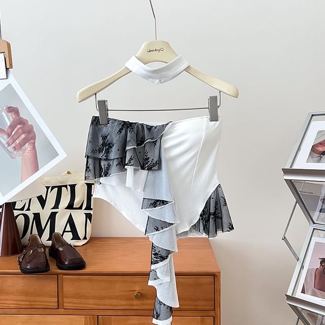 Set: Asymmetrical Lace Panel Ruffle Trim Crop Tube Top + Choker