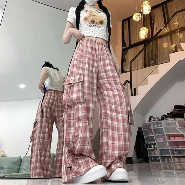 High Waist Plaid Baggy Cargo Pants