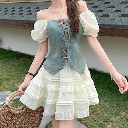 Puff-Sleeve Square Neck Denim Panel Lace-Up Crop Blouse / High Waist Plain Frill Trim Mini A-Line Skirt