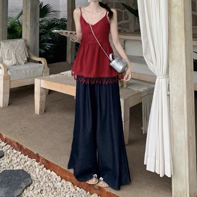 V-Neck Plain Lace Panel Fringed Flowy Cami Top / High Rise Wide Leg Pants