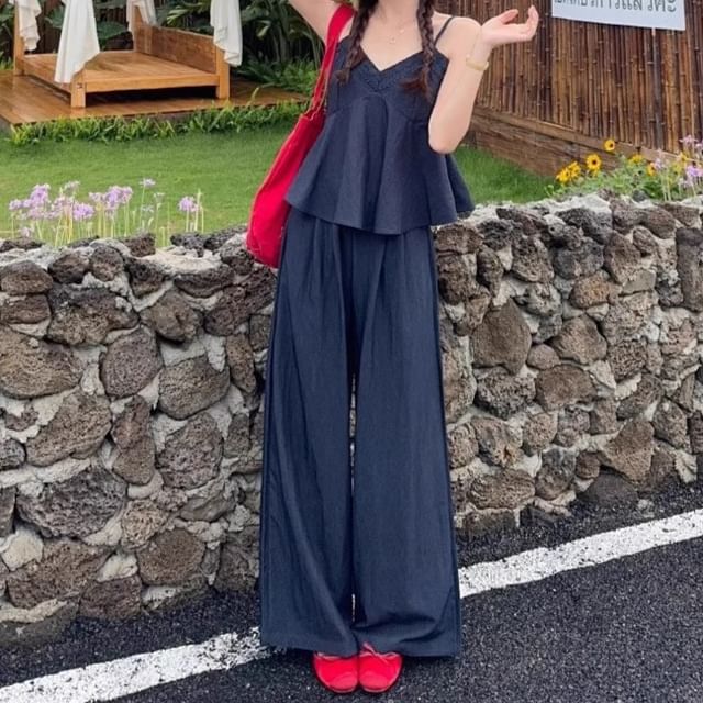 V-Neck Lace Panel Flowy Camisole Top / High Waist Plain Wide Leg Pants