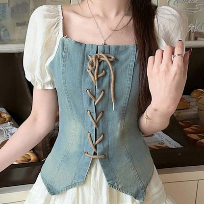 Puff-Sleeve Square Neck Denim Panel Lace-Up Crop Blouse / High Waist Plain Frill Trim Mini A-Line Skirt