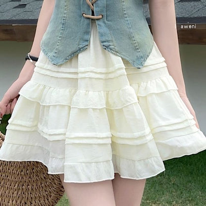 Puff-Sleeve Square Neck Denim Panel Lace-Up Crop Blouse / High Waist Plain Frill Trim Mini A-Line Skirt