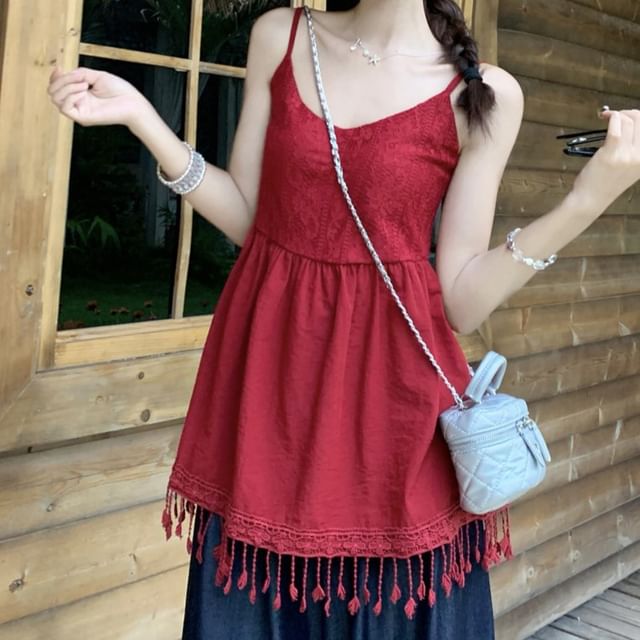 V-Neck Plain Lace Panel Fringed Flowy Cami Top / High Rise Wide Leg Pants
