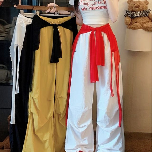 Set: Drawstring Waist Plain Baggy Cargo Pants + Decorative Hem