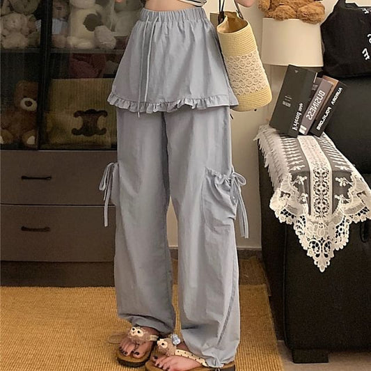 Drawstring Waist Plain Frill Trim Skirt Overlay Wide Leg Cargo Pants