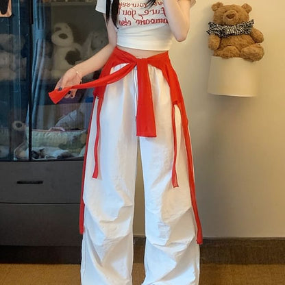 Set: Drawstring Waist Plain Baggy Cargo Pants + Decorative Hem