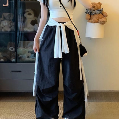 Set: Drawstring Waist Plain Baggy Cargo Pants + Decorative Hem