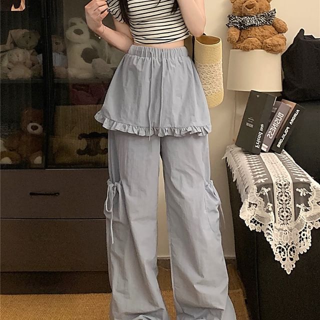 Drawstring Waist Plain Frill Trim Skirt Overlay Wide Leg Cargo Pants
