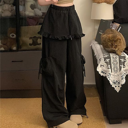 Drawstring Waist Plain Frill Trim Skirt Overlay Wide Leg Cargo Pants