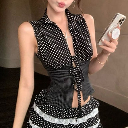Sleeveless Dotted Tie Front Crop Top & Lace Skort Set