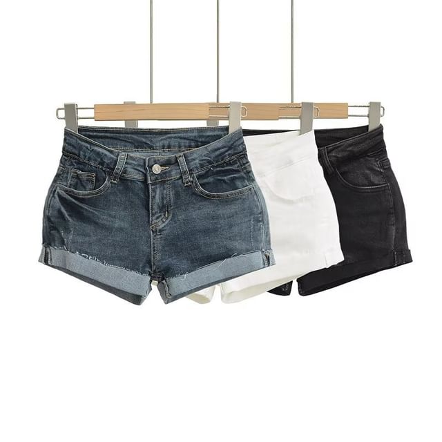 Low Rise Washed Frayed Denim Hot Pants
