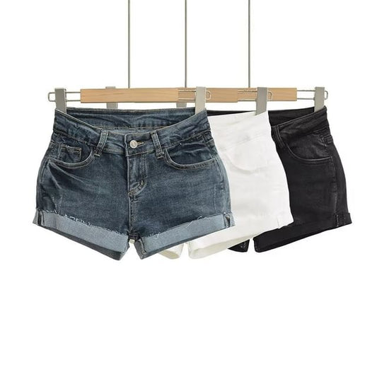 Low Rise Washed Frayed Denim Hot Pants