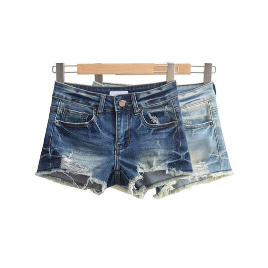 Low Rise Washed Frayed Distressed Denim Hot Pants