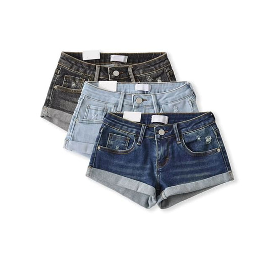 Low Rise Washed Distressed Roll Up Hem Denim Hot Pants