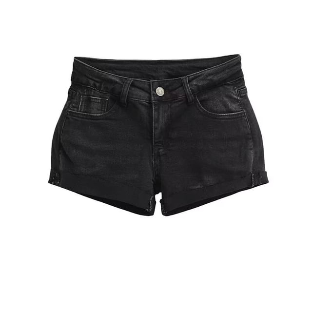 Low Rise Washed Frayed Denim Hot Pants