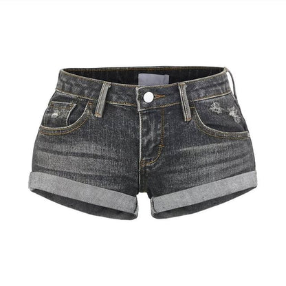 Low Rise Washed Distressed Roll Up Hem Denim Hot Pants