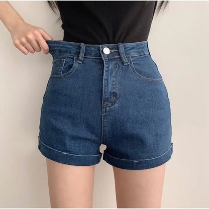 High Waist Washed Roll Up Hem Denim Hot Pants