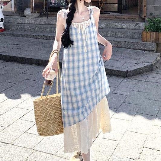 Spaghetti Strap Scoop Neck Plaid Midi A-Line Dress