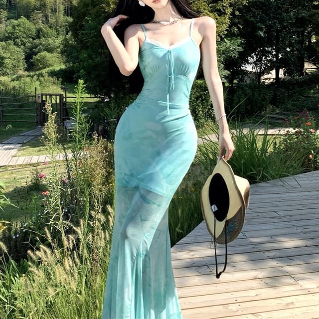 Spaghetti Strap V-Neck Lace Trim Maxi Bodycon Dress