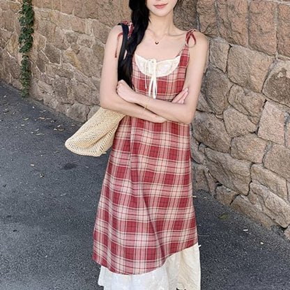 Spaghetti Strap Scoop Neck Plaid Midi A-Line Dress