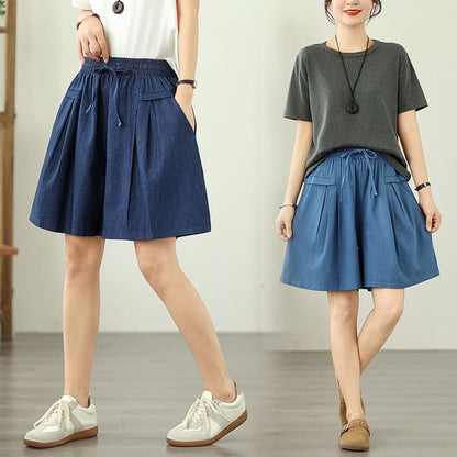 Drawstring Waist Washed Denim Shorts