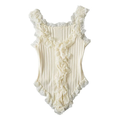 Scoop Neck Asymmetrical Lace Button Tank Top
