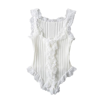Scoop Neck Asymmetrical Lace Button Tank Top