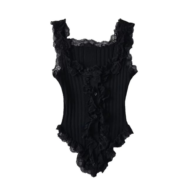 Scoop Neck Asymmetrical Lace Button Tank Top