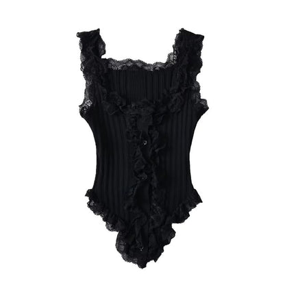 Scoop Neck Asymmetrical Lace Button Tank Top