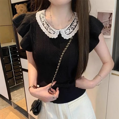 Sleeveless Round Neck Lace Collared Plain Knit Top